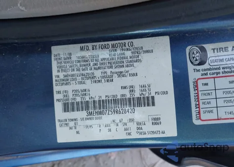 2009 Mercury Milan I4 from USA, damaged, VIN 3MEHM07Z59R628420